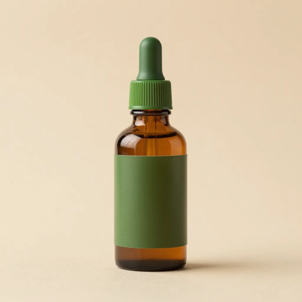 A small amber bottle of thick green tamanu oil