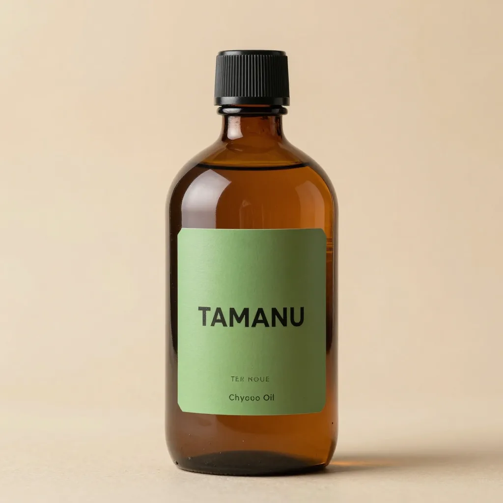 A large amber bottle of thick green tamanu oil