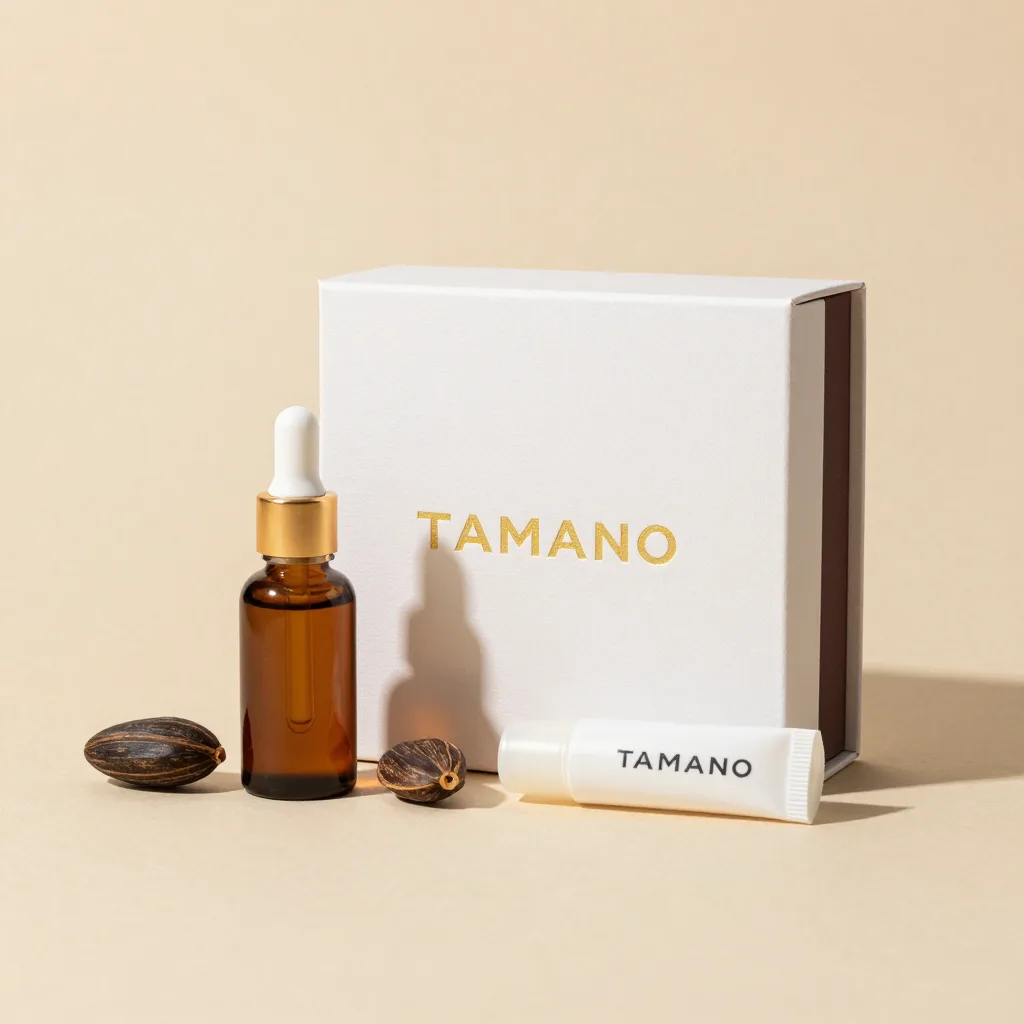A tamanu gift box with an oil bottle and balm