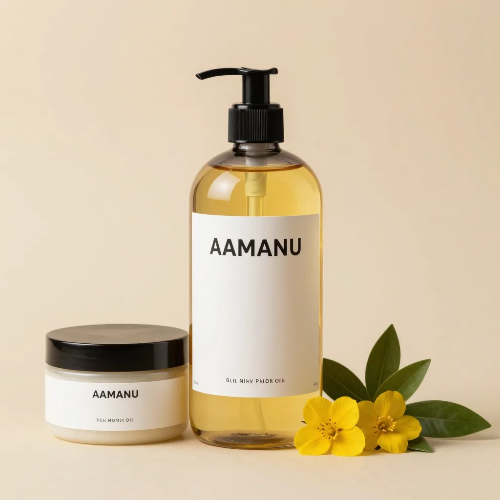 A large bottle of tamanu oil with a body balm